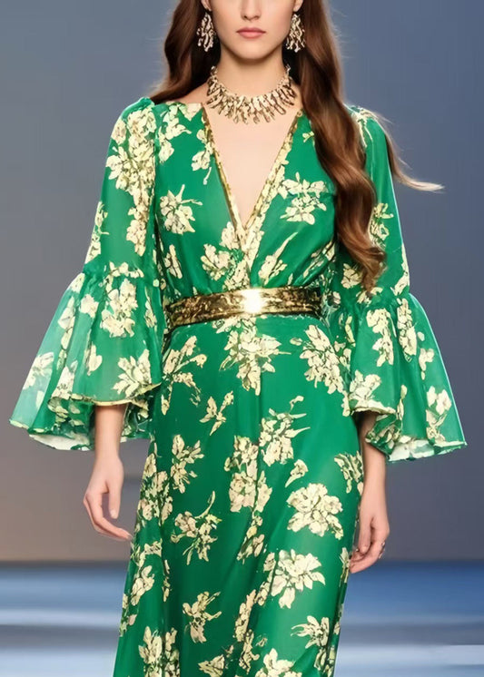 Green Print Chiffon Tunic Dress Flare Sleeve