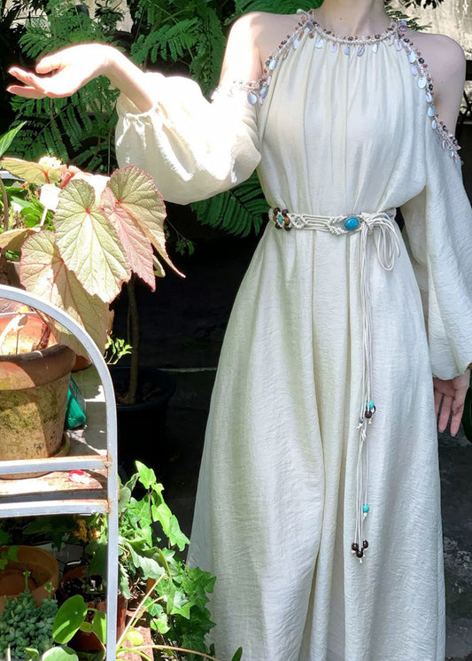 Apricot Sequins Cold Shoulder Lantern Sleeve Silk Long Dress