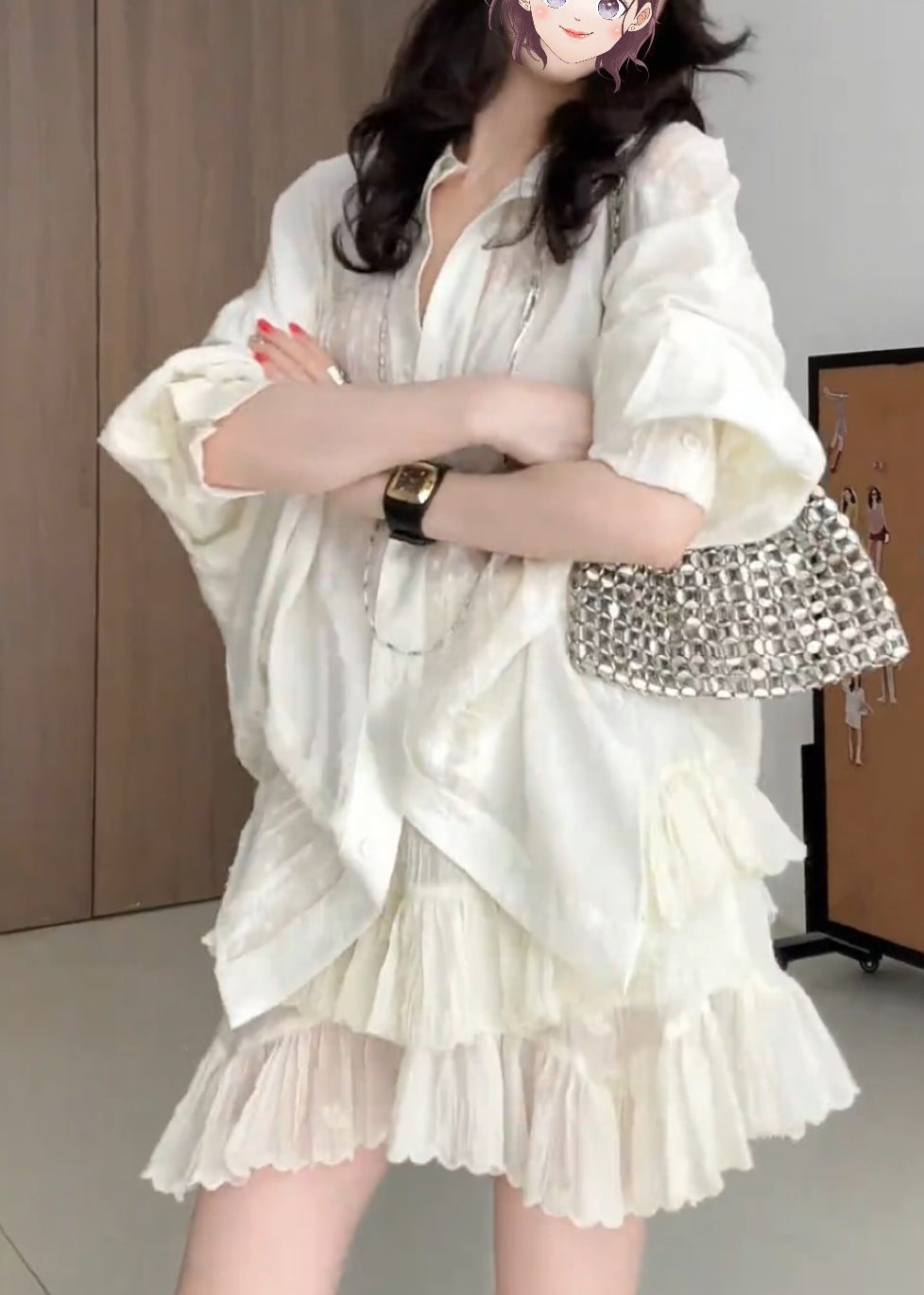 Apricot Embroidered Patchwork Shirt and Skirts Two Pieces Set Fall