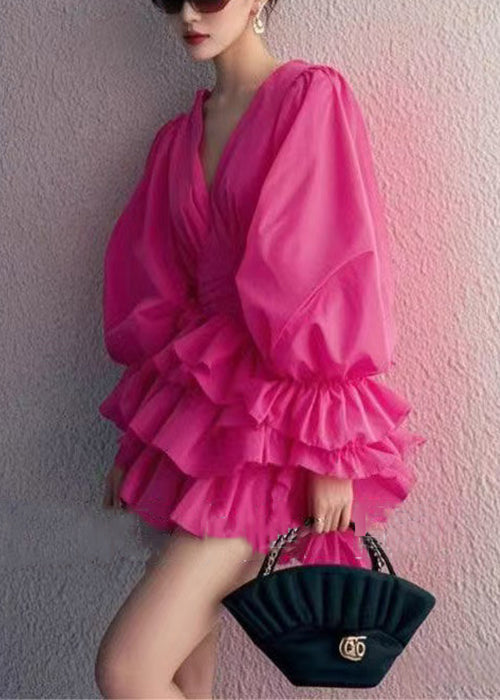 Rose V Neck Cotton Mini Dress Butterfly Sleeve