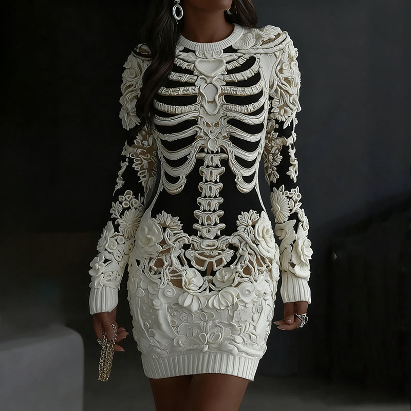 Comstylish Women's Halloween Skull Floral Pattern Art Cozy Knit Mini Sweater Dress