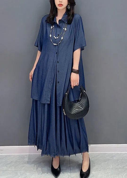 Natural Blue Peter Pan Collar Button Shirts and Maxi Skirts Two Piece Set Summer