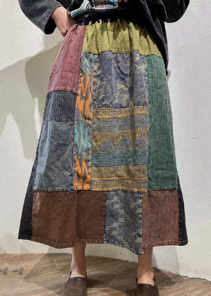 Colorblock Wrinkled Elastic Waist Patchwork Cotton Skirts Spring