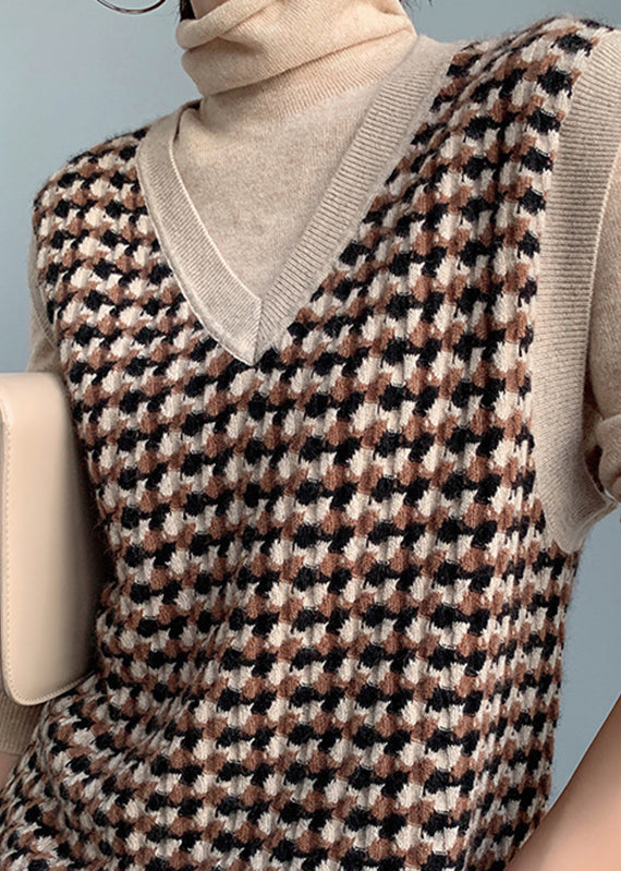 Camel V Neck Plaid Cotton Knit Waistcoat Fall