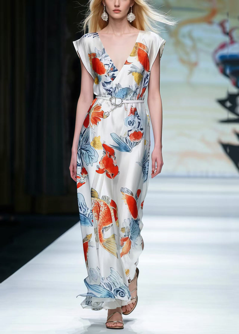 White V Neck Print Silk Tunic Dresses Summer
