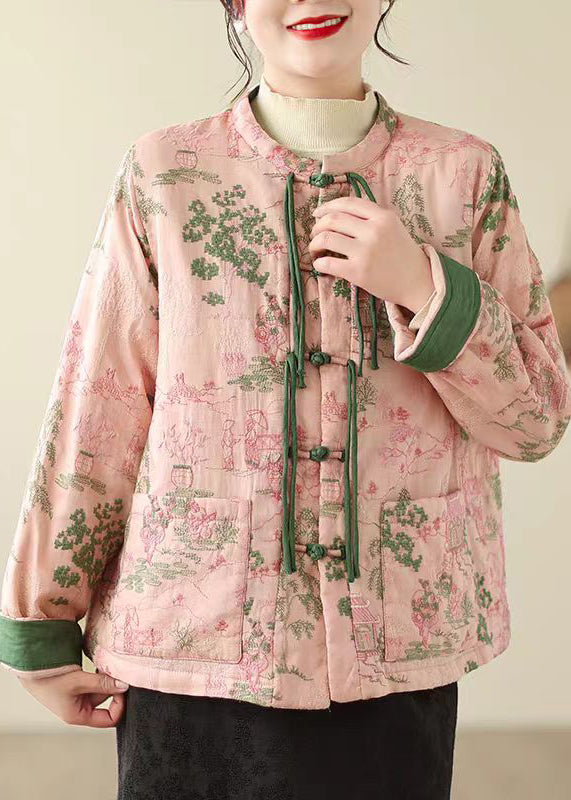 Pink Tasseled Embroideried Pockets Fine Cotton Filled Jacket Winter