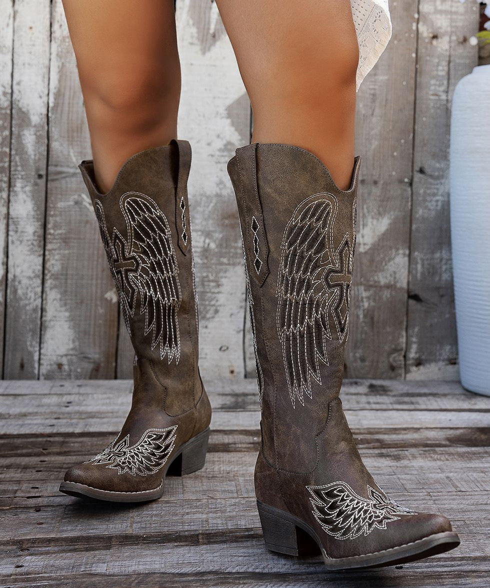 Chocolate Pointed Toe Embossed Chunky Faux Leather Boots