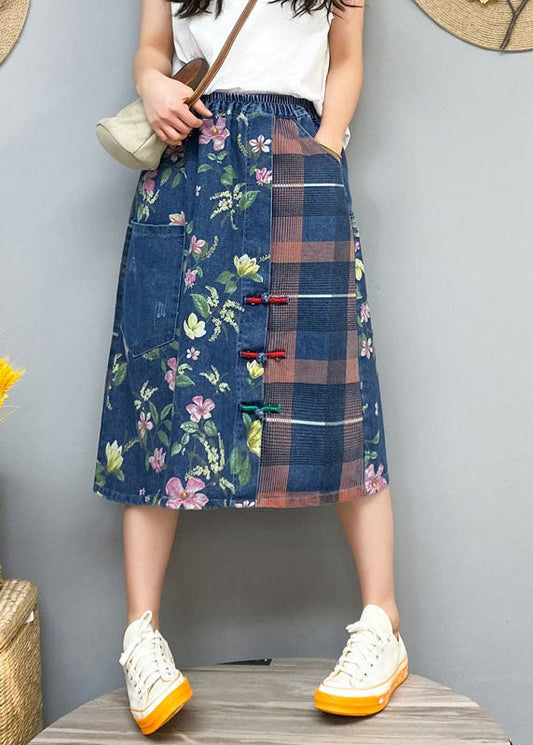 Blue Button Print Patchwork Denim Skirt Spring