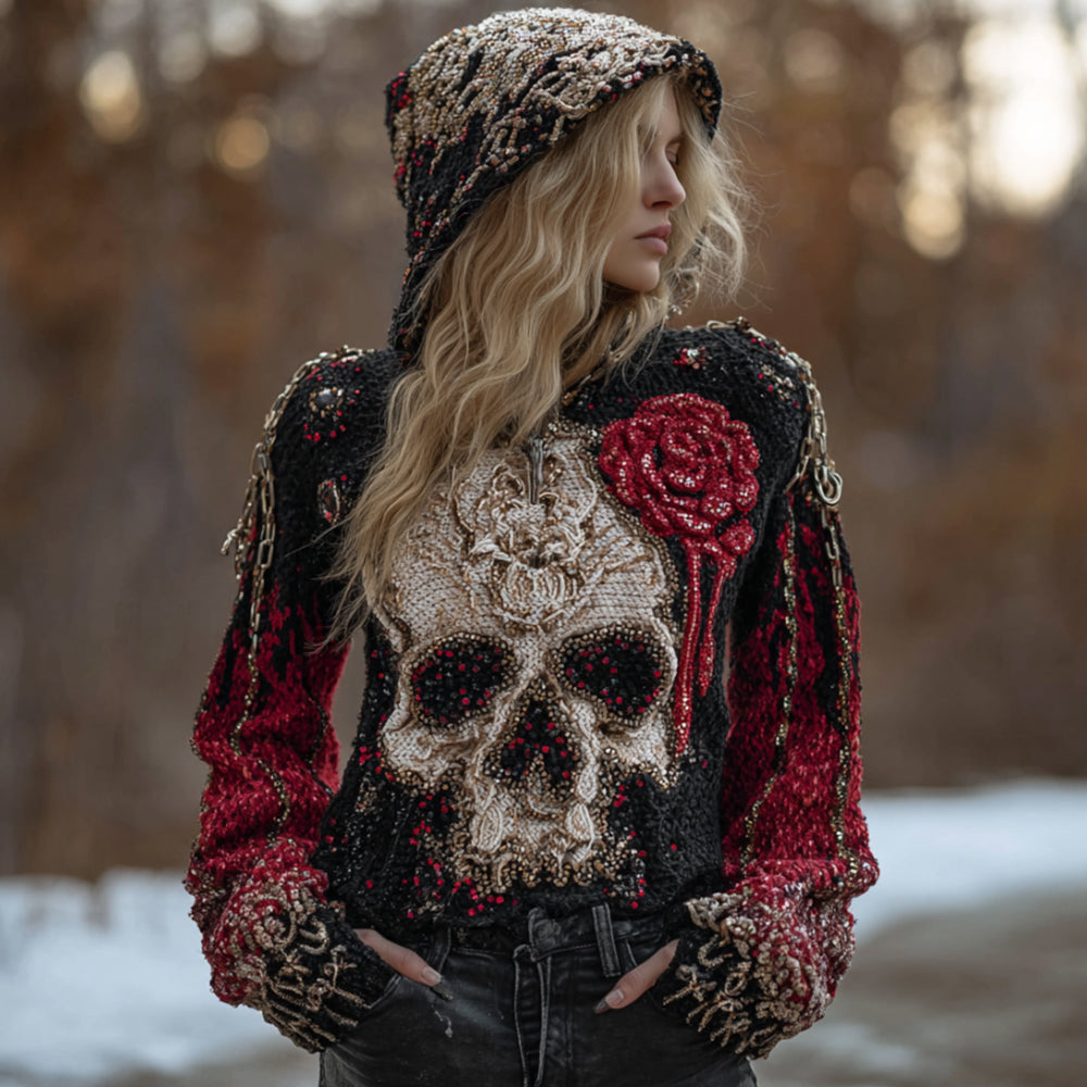 Comstylish Women's Halloween Anatomy Art And Flower Gradient Knitted Hoodie Sweater