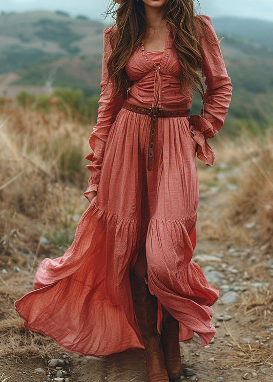 V Neck Ruffled Patchwork Cotton Long Dress Spring