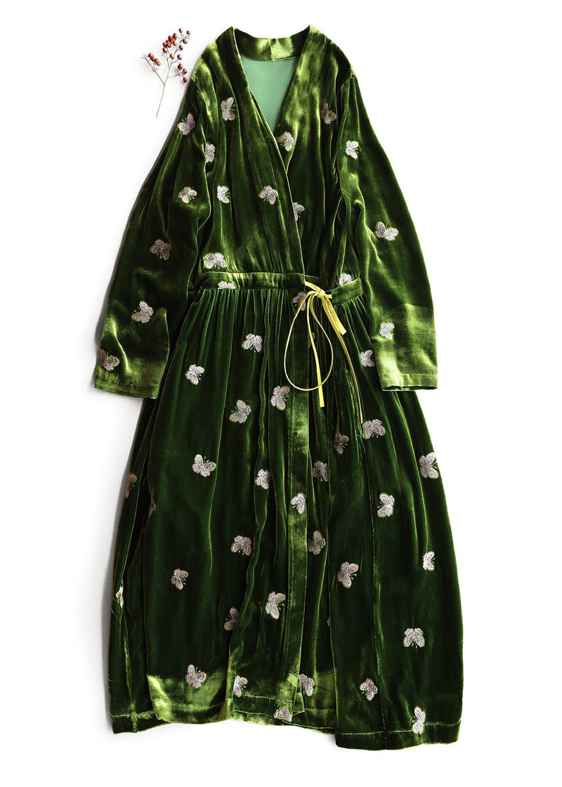 Loose Green Print Butterfly Lace Up Silk Velvet Long Dress Fall