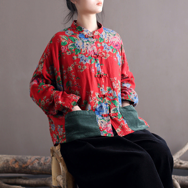 Blouse Stand Collar Large Flower Long-sleeved Jacket