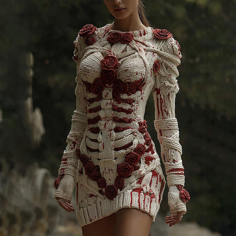 Comstylish Women's Halloween Muscle Anatomy Bandage With Rose Art Cozy Knit Mini Sweater Dress