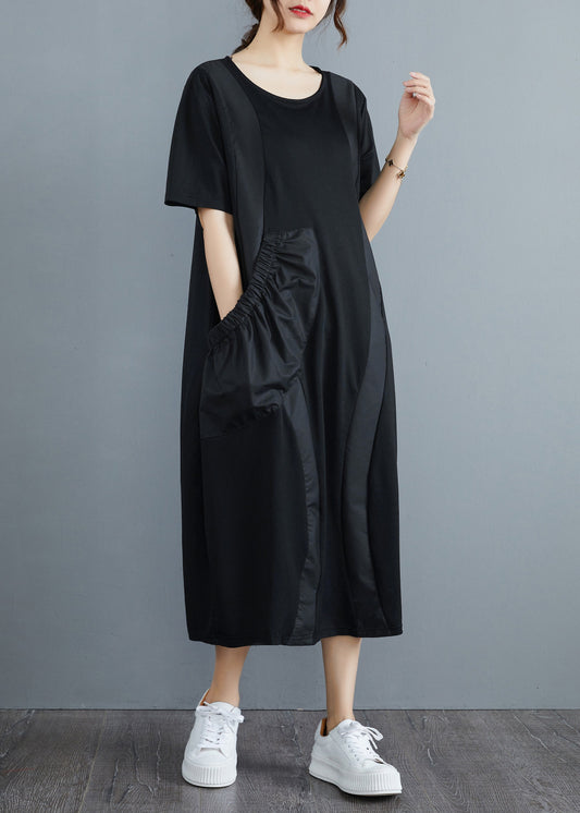 Black O-neck Big Pocket Patchwork Long Dress Short Sleeve