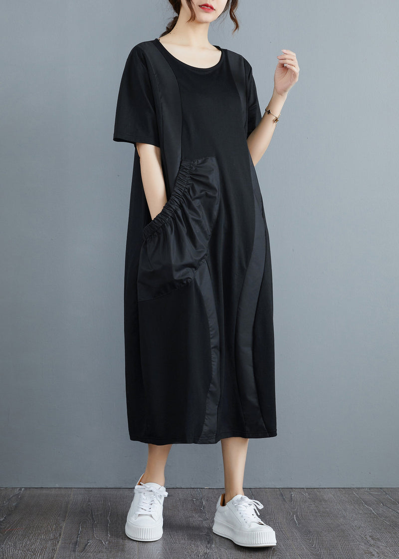 Black O-neck Big Pocket Patchwork Long Dress Short Sleeve