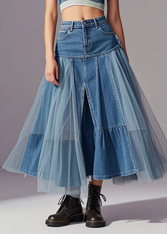 Blue Tulle Patchwork Exra Large Hem Denim Skirts Spring