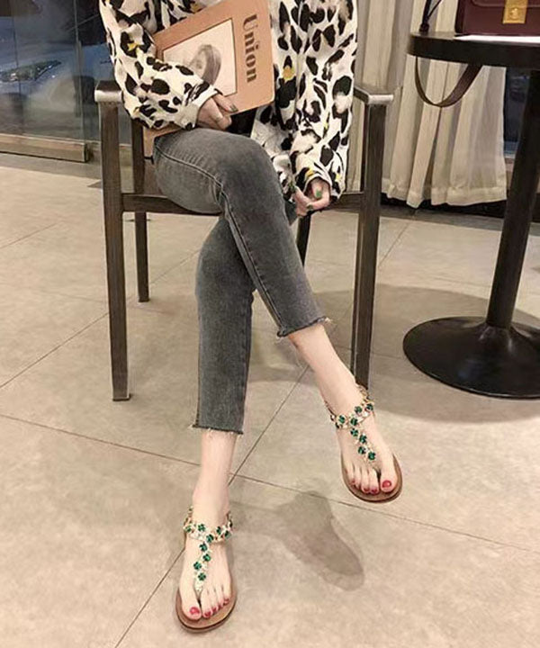 Boutique Zircon Splicing Peep Toe Flat Sandals Green Pu