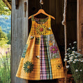 Vintage Sunshine Floral With Bees In Plaid Embroidered Cozy Linen Midi Dress elevenforest