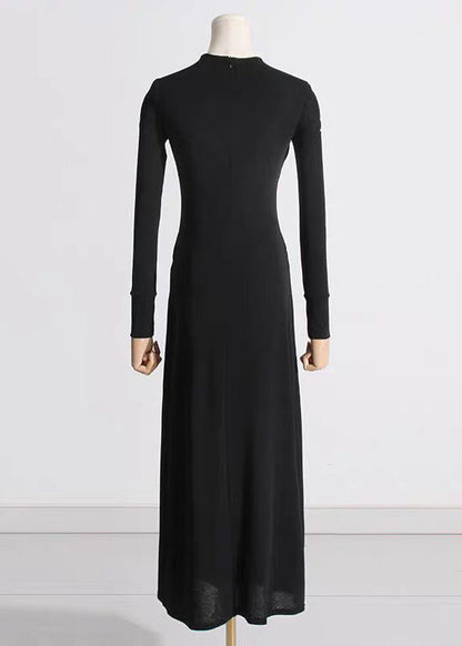 Italian Black Hollow Out Patchwork Cotton Long Dress Fall