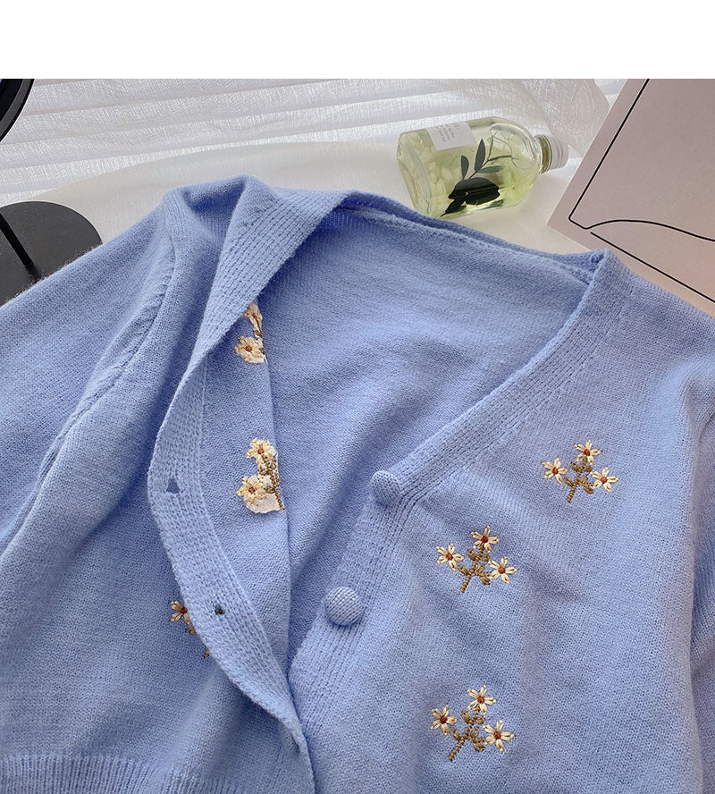 Embroidery V-neck Short Long Sleeve Jacket 5849