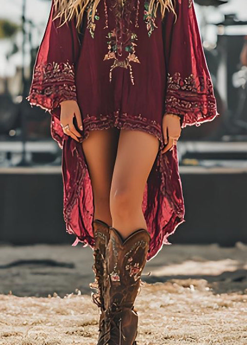 Red V Neck Print Low High Design Cotton Dresses Spring