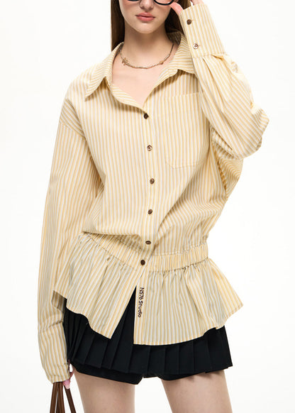 New Yellow Embroidered Striped Elastic Waist Shirt Lantern Sleeve