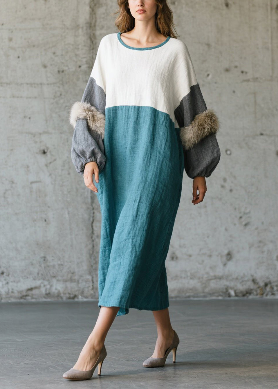 Colorblock Oversized Patchwork Faux Fur Ankle Dress Fall