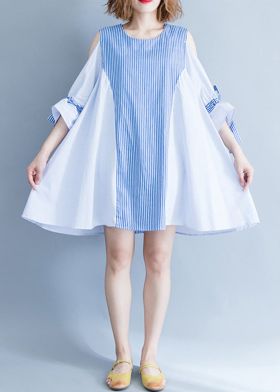 Blue Striped Cotton Clothes Fabrics Off the Shoulder Summer Dresses