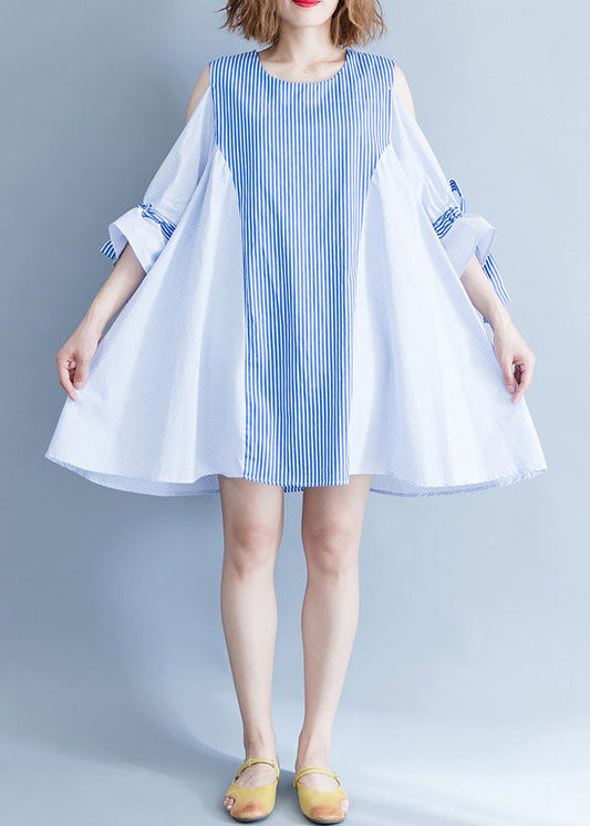 Blue Striped Cotton Clothes Fabrics Off the Shoulder Summer Dresses