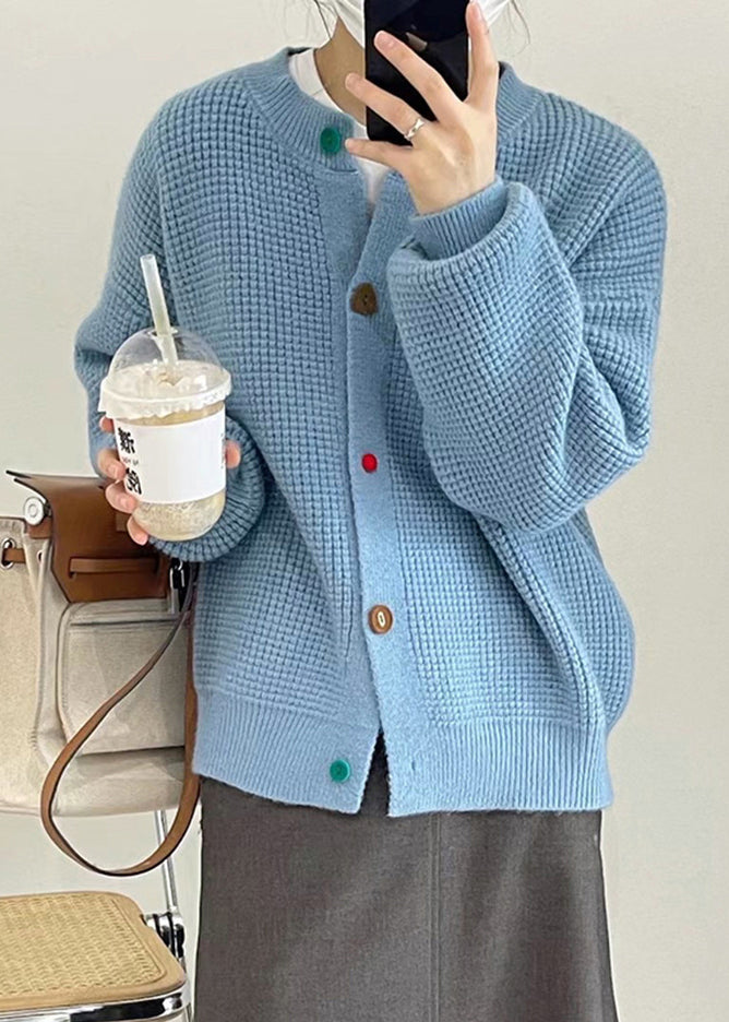 French Blue O Neck Button Versatile Knit Coat Fall