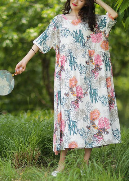 100% O Neck Baggy Linen Robes Wardrobes White Print Dress