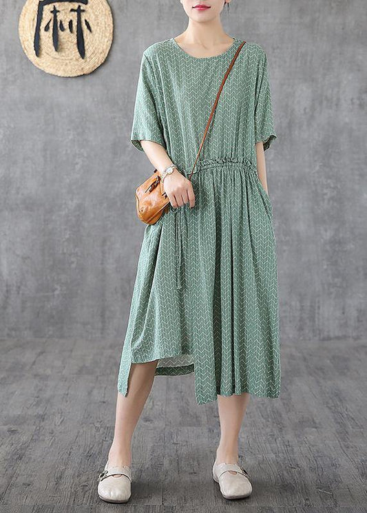 Green Print Linen Dresses O Neck Asymmetric Loose Summer Dress