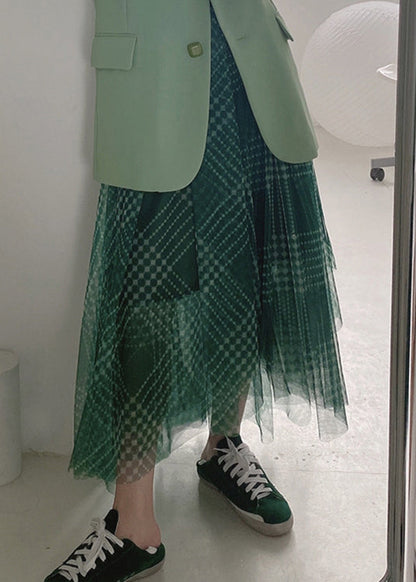 Green Plaid Asymmetrical High Waist Patchwork Tulle Skirts Summer