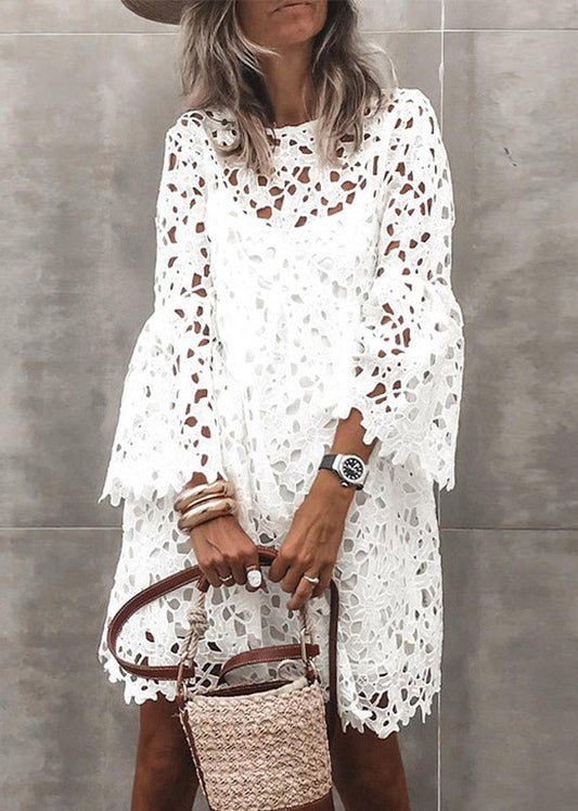Stylish White Hollow Out Lace Mid Dresses Flare Sleeve
