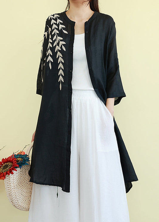 Black Embroidered Linen Shirt Dresses Summer
