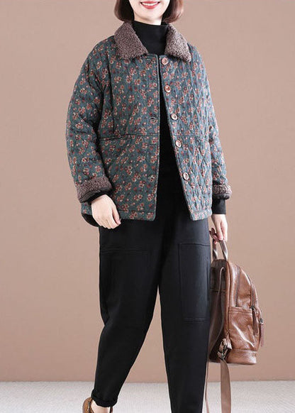 Loose Blue Peterpan Collar Print Warm Fleece Jacket Winter