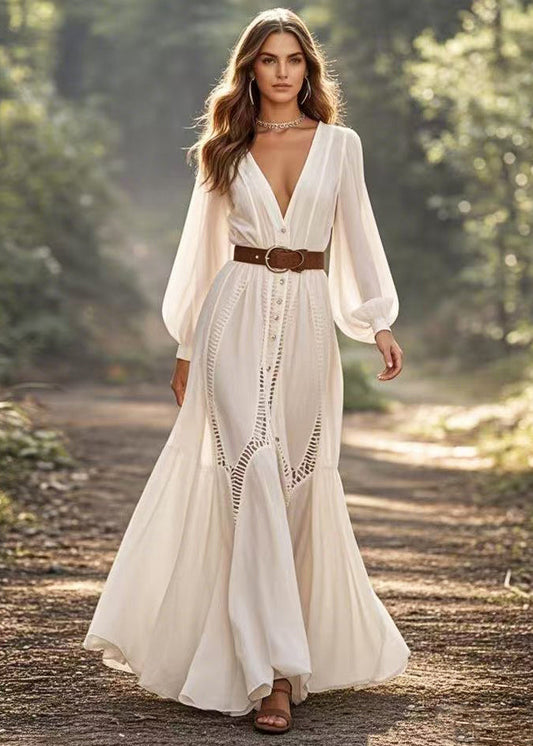 White Cinched Hollow Out Party Dress Spring