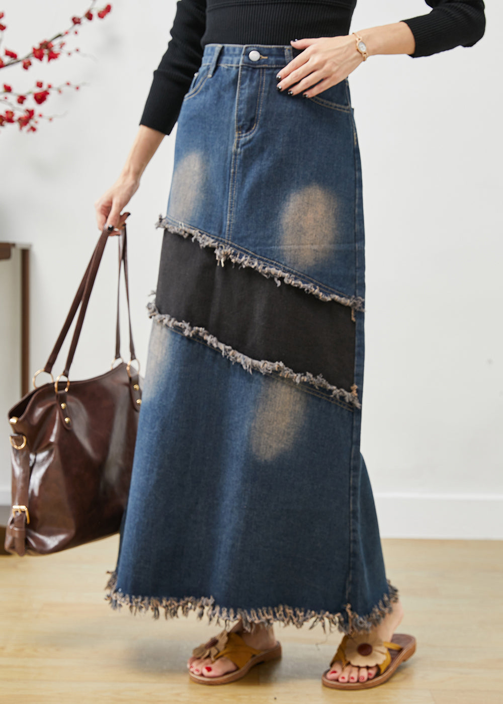 Blue Tasseled Patchwork Denim Skirt Fall