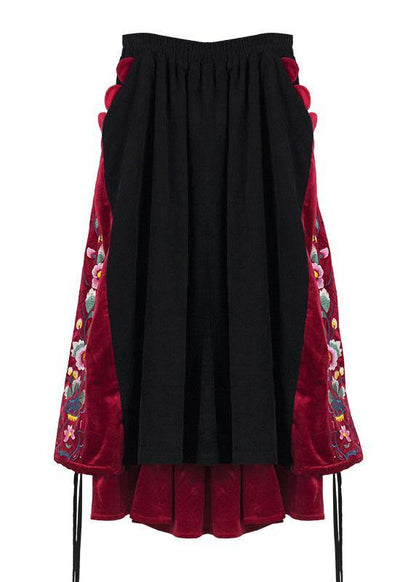 Unique Black Cotton Quilting Skirts Drawstring Patchwork Skirts
