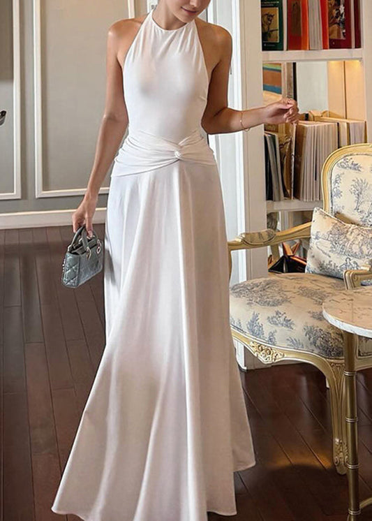 Slim Fit White Backless Cotton Ankle Dress Sleeveless