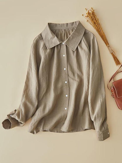 100% Linen Lapel Loose Shirt in One-size in Color