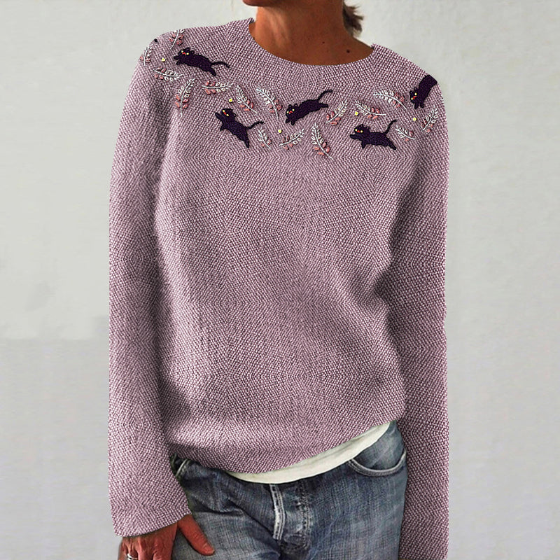 Comstylish Cute Black Cat Prints Embroidered Cozy Knit Sweater