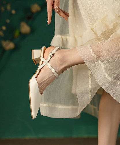 Beige Splicing Cowhide Leather Chunky Sandals Pointed Toe