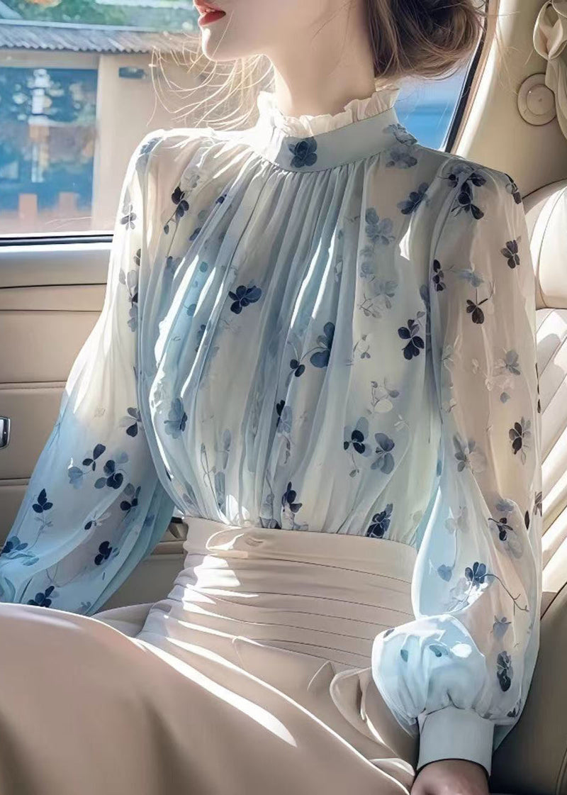 Blue Ruffled Print Wrinkled Chiffon Shirt Fall