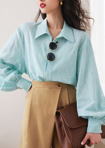 Blue Striped Peter Pan Collar Shirt Lantern Sleeve