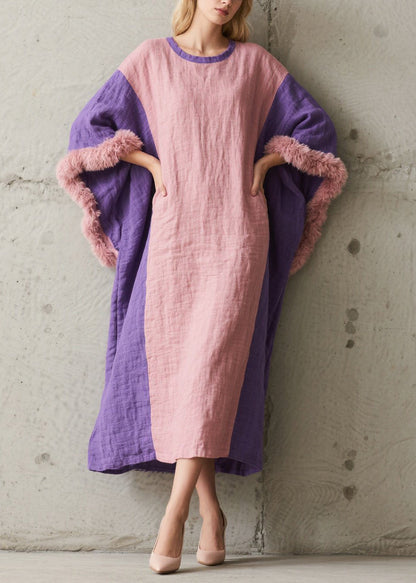 Art Colorblock Oversized Patchwork Faux Fur Maxi Dresses Batwing Sleeve