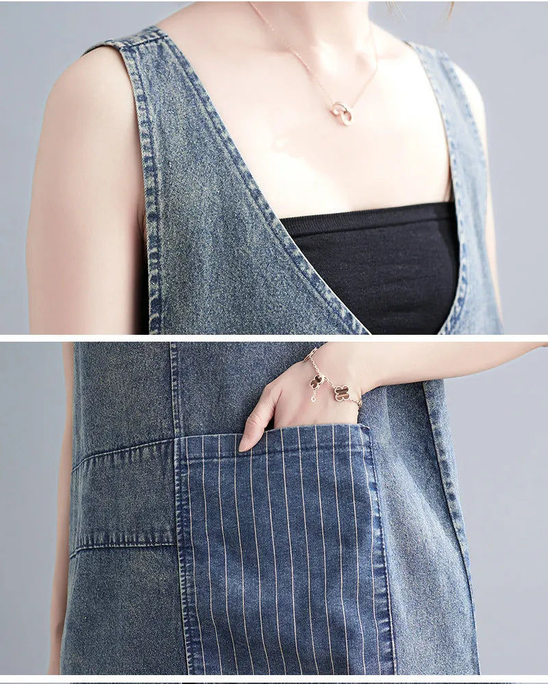Literary Washed V-neck Sleeveless Denim Dress