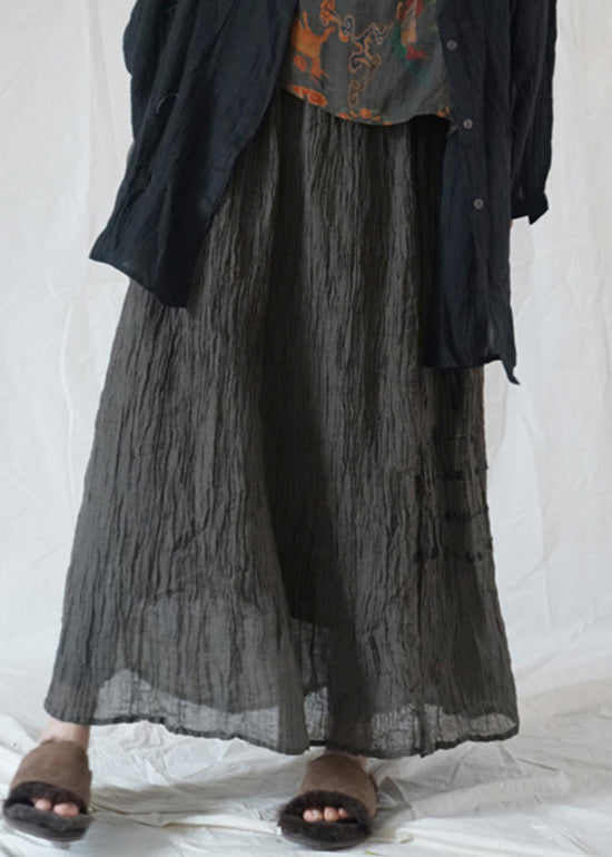 Modern Black Grey Elastic Waist Wrinkled Asymmetrical Linen Skirt Spring