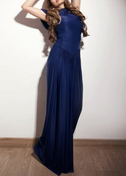 Slim Fit Light Blue Wrinkled High Waist Cotton Maxi Dresses Summer