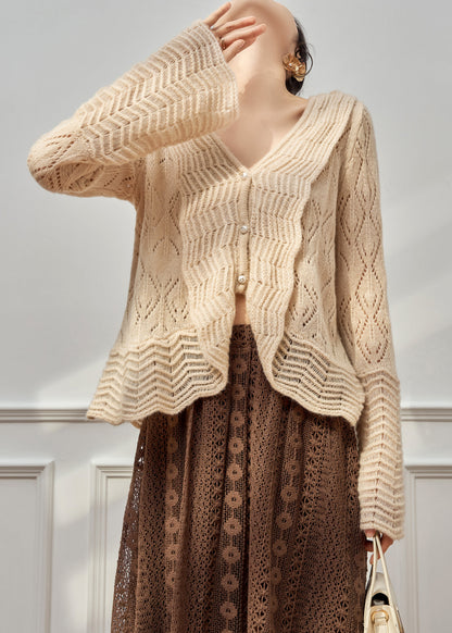 Beige V Neck Hollow Out Button Knit Cardigan Fall
